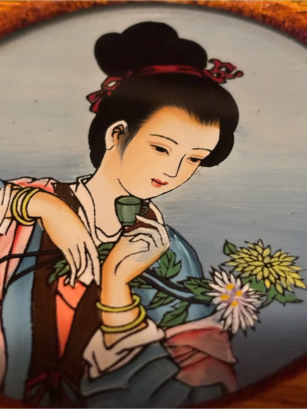 Vintage Hinged Wooden Japanese Lady Trinket Box